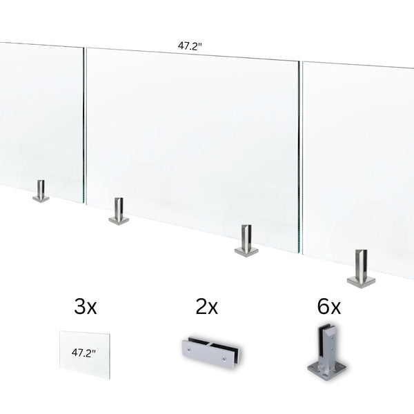 A 12 ft glass railing kit with components laid out, including tempered glass panels, spigots, and wood screws.