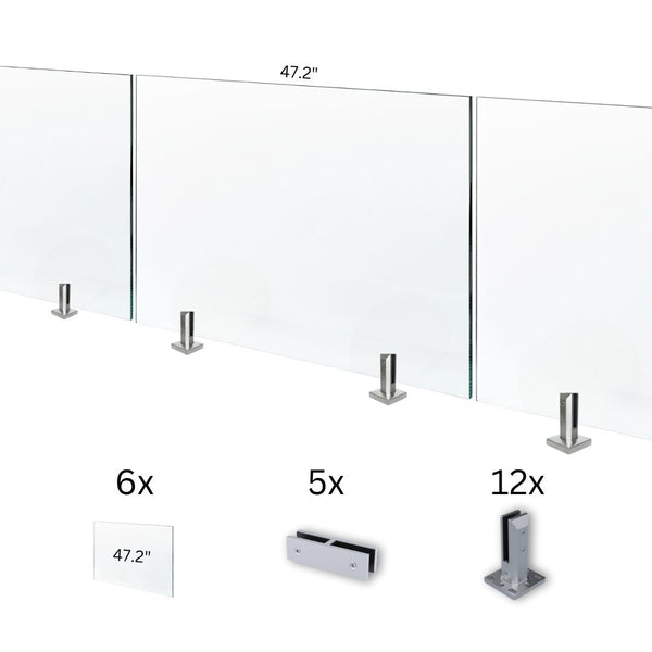 A large DIY glass railing kit with six glass panels, twelve spigots, and mounting hardware, displayed on a white background with dimensions and quantities highlighted.