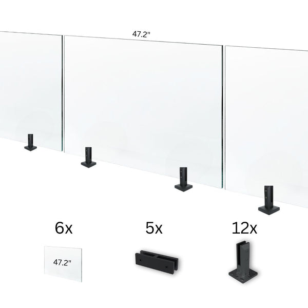 A large DIY glass railing kit with six glass panels, twelve spigots, and mounting hardware, displayed on a white background with dimensions and quantities highlighted.