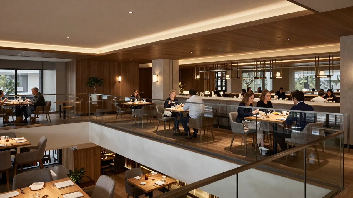 Glass railing mezzanine in upscale restaurant interior
