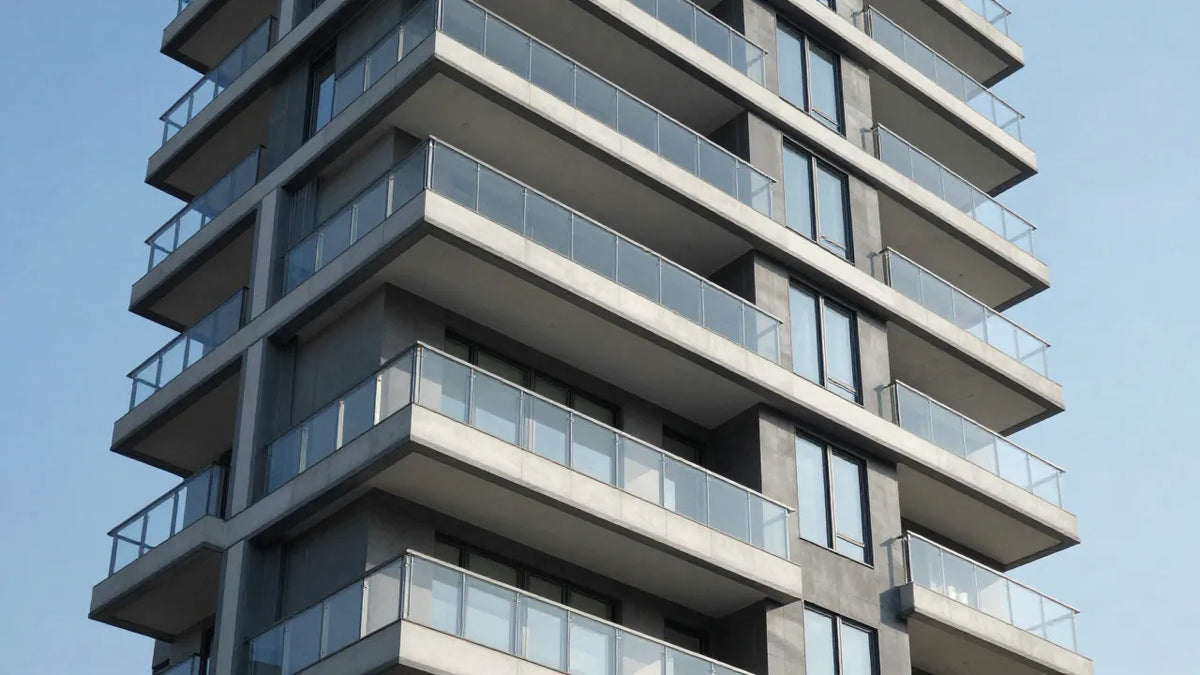 High-rise condominium building with glass balcony railings in New York