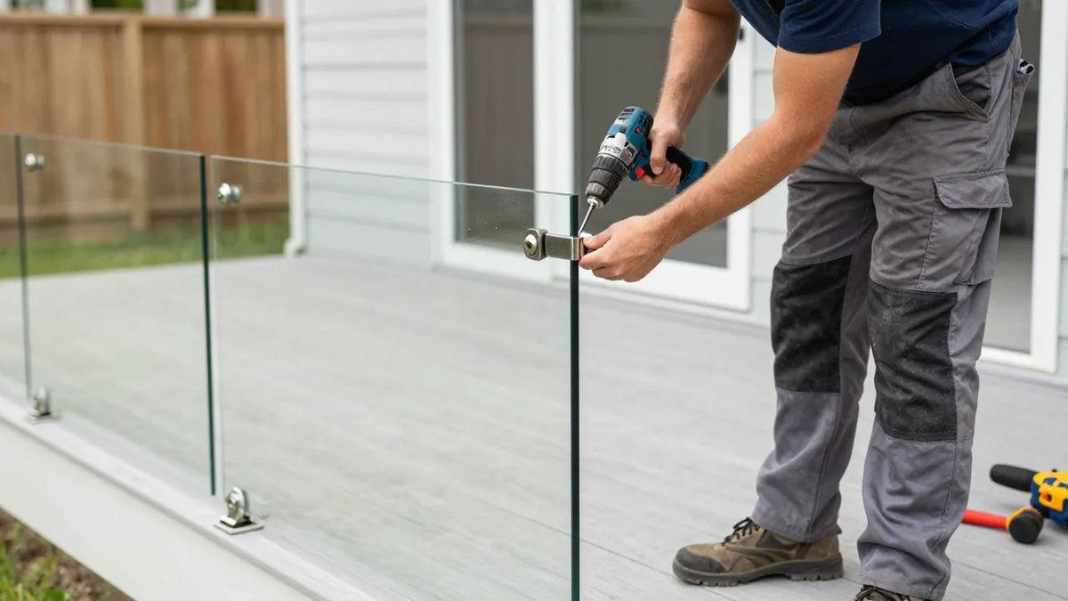 Contractor installing glass railing spigot on residential deck