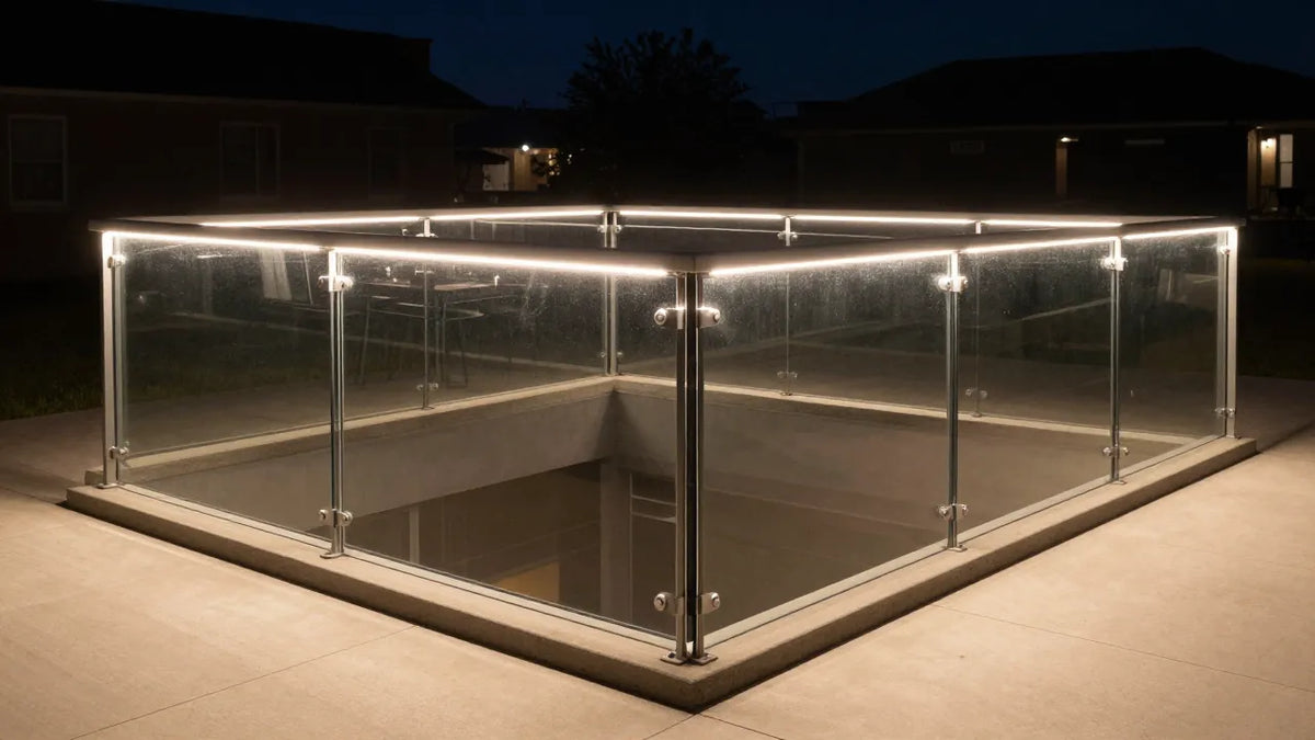 Glass railing with LED strip lighting illuminated at night