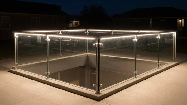 Modern glass railing trends including LED lighting at night