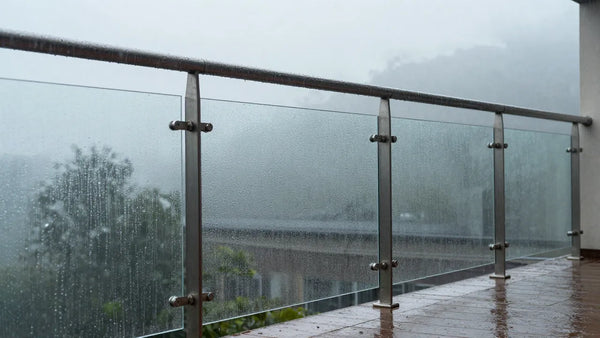 Outdoor glass railing with rain droplets showing weather resistance