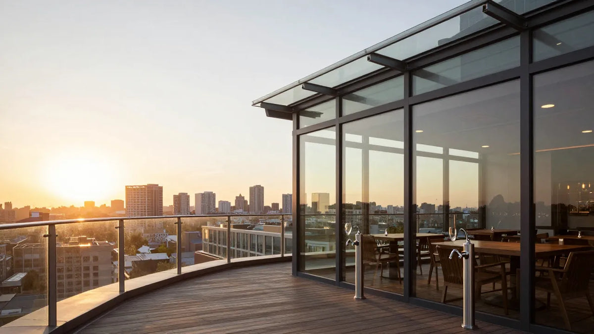 Rooftop terrace with glass railing at sunset with city views