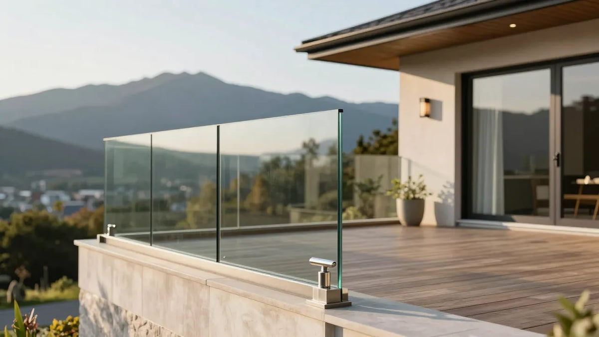 Modern deck with frameless glass railing and mountain view