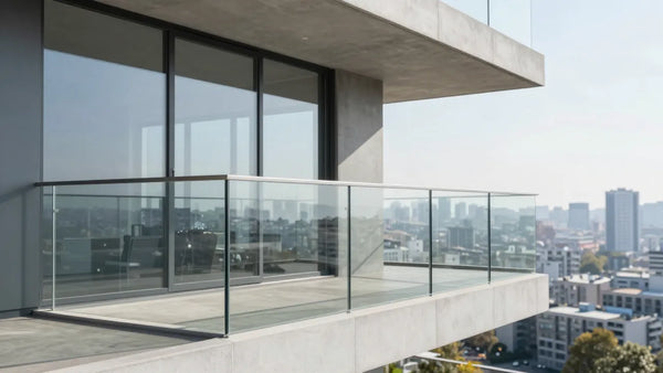 Frameless glass guardrail on modern high-rise balcony