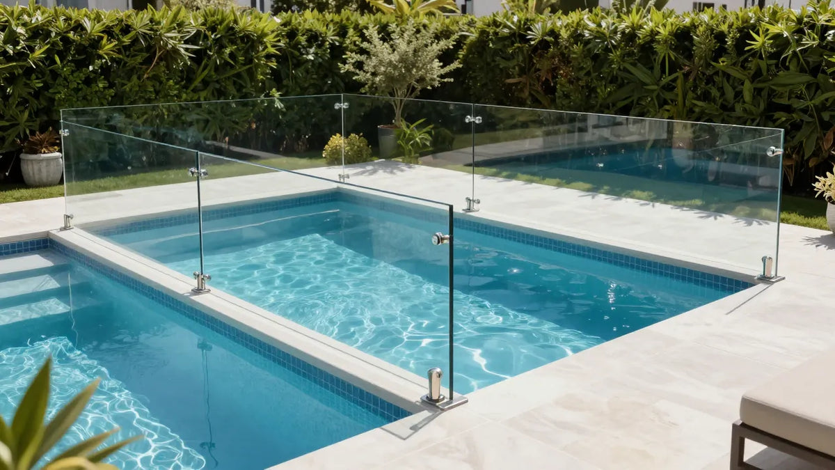 Frameless glass pool fence around luxury backyard pool
