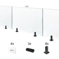 A 16 ft glass railing kit with four glass panels, eight spigots, and wood screws laid out to show the components of the kit.