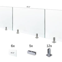 A large DIY glass railing kit with six glass panels, twelve spigots, and mounting hardware, displayed on a white background with dimensions and quantities highlighted.