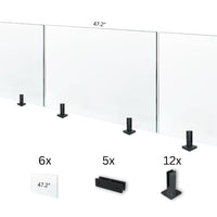 A large DIY glass railing kit with six glass panels, twelve spigots, and mounting hardware, displayed on a white background with dimensions and quantities highlighted.